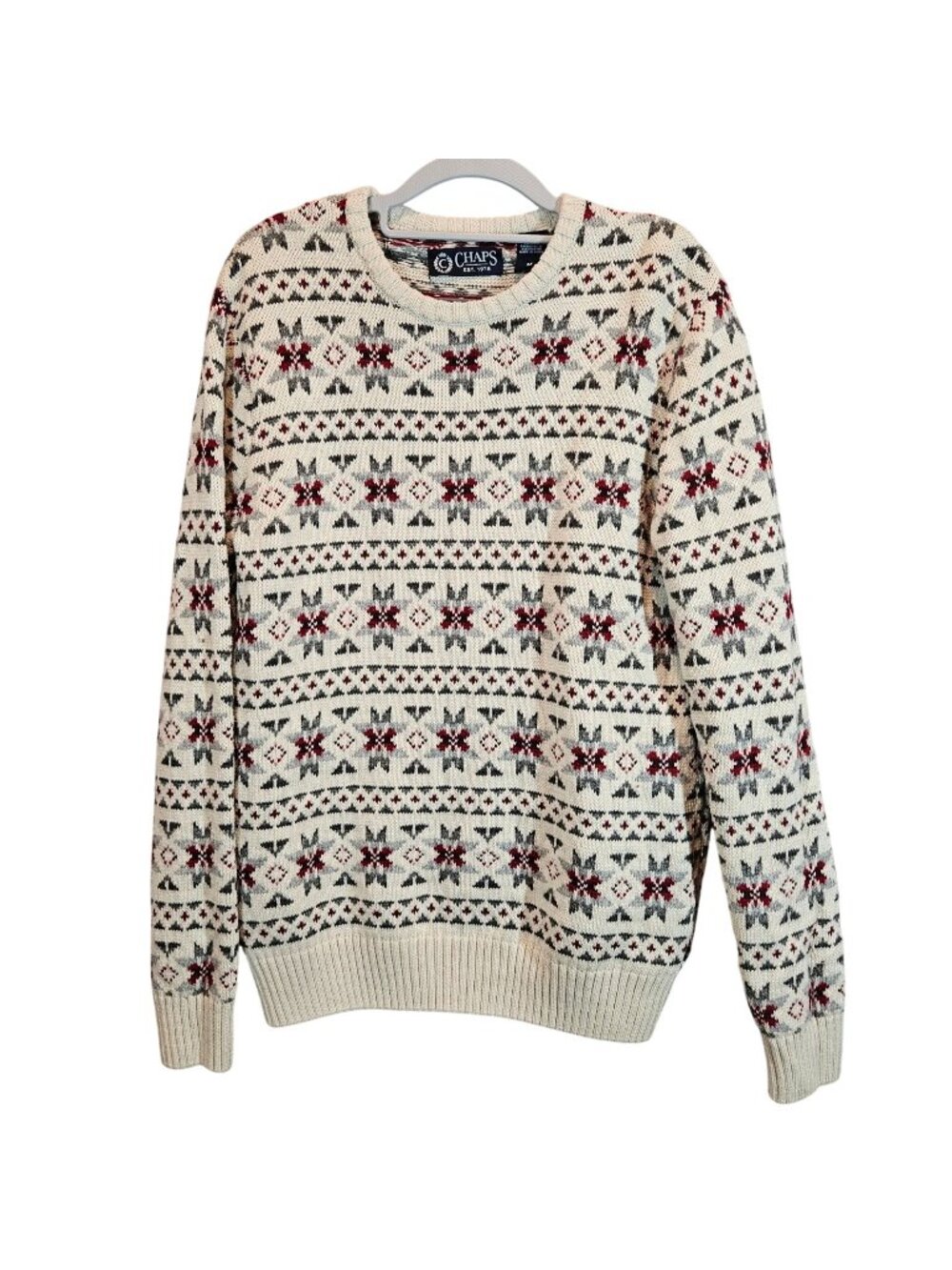 Chaps Fair Isle Knit Sweater Red Gray Snowflake Pattern Mens M Cotton Wool Blend